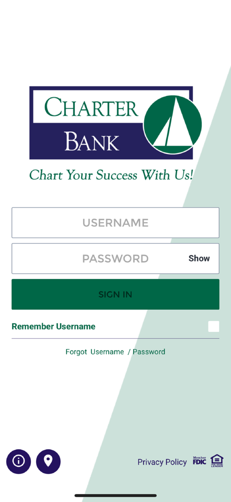 CharterBanker - Login screen for the Charter Bank mobile banking app with username and password input fields