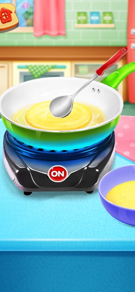 Cooking a pancake in a frying pan on a digital stove