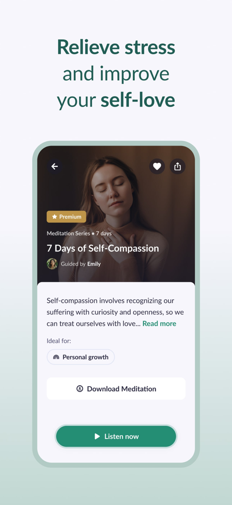 Pura Mente: Sleep & Meditation - Mobile Benutzeroberfläche der Pura Mente App, die eine siebentägige geführte Meditationsreihe zur Selbstmitgefühl zeigt.