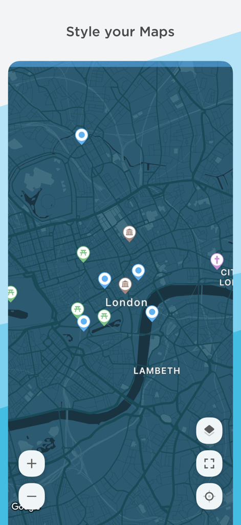 Un mapa de Londres con estilo azul verdoso oscuro en la aplicación PlaceMapper que muestra pines de categorías personalizadas y controles de navegación