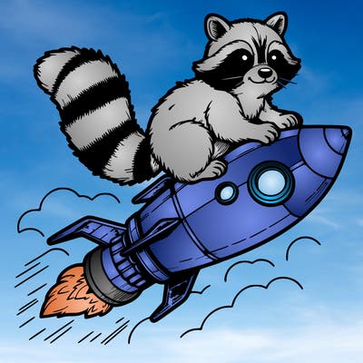 realistic raccoon flying on top rocket ship