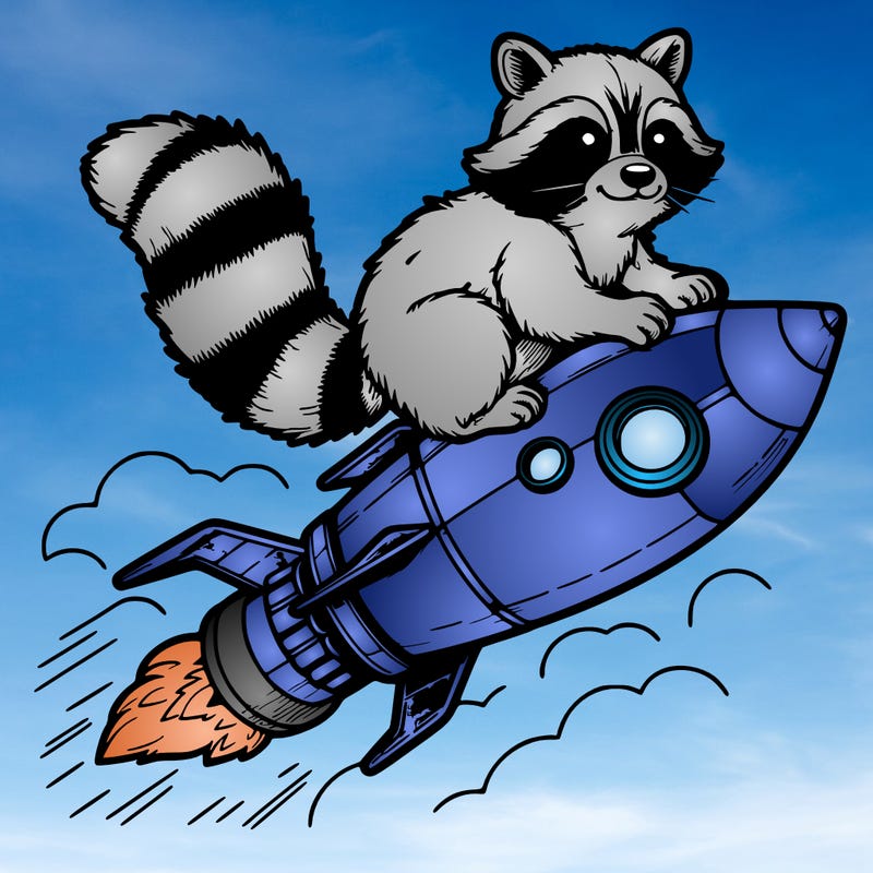 realistic raccoon flying on top rocket ship