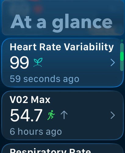 IRL Health Bar - IRLヘルスバーアプリのダッシュボード。心拍変動（HRV）とVO2Maxの健康指標を表示