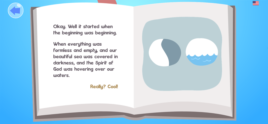 A digital book page from the Pastor Fish app showing a childrens story about the creation of the world