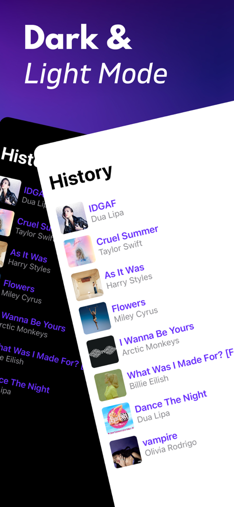 ダークモードとライトモードの両方で曲の履歴が表示されたMusic Identifierアプリのインターフェース。