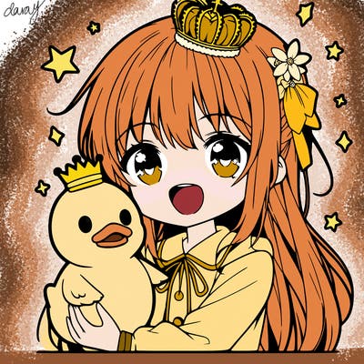 a anime girl holding a duck, she looks very happy and has a star crown on