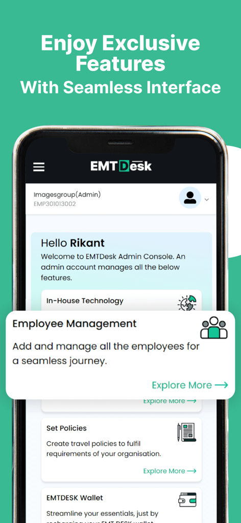 EMTDesk - EMTDesk admin console interface showing employee management and travel policy options