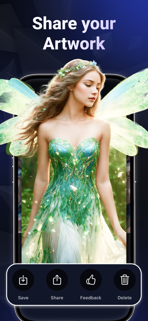 Deviant Art - Monet AI - Una pantalla móvil que muestra la función Compartir tu obra de arte en la aplicación Deviant Art Monet AI con un personaje de hada generado por IA