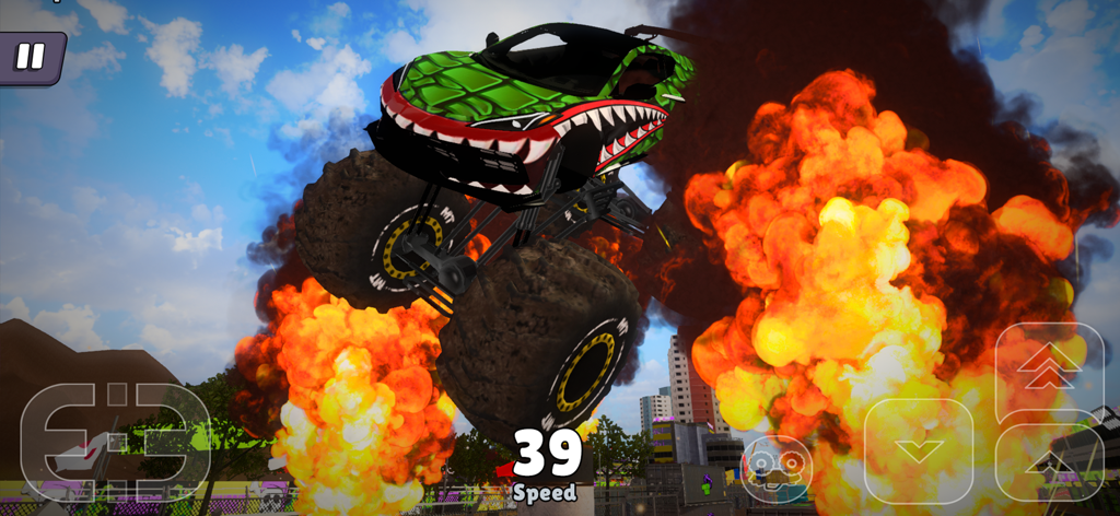 Off Road Mania: 4x4 Car Games - A green shark-themed monster truck jumping over a large orange explosion in a mobile racing game