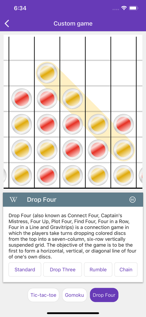 Tic Tac Toe Collection - Drop Four game screen in Tic Tac Toe Collection showing a winning diagonal of yellow discs on a grid board.