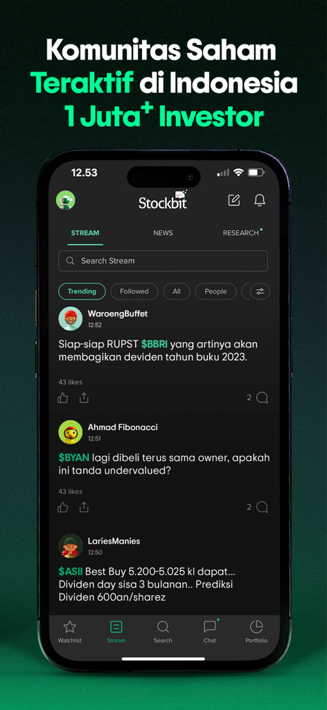 Stockbit - Stock Investing App - Interface du flux social de l'application Stockbit montrant les discussions des investisseurs et les actions indonésiennes tendance