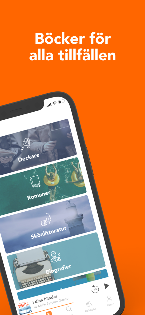 Bokus Play mobile app interface showing Swedish book categories including crime novels and biographies