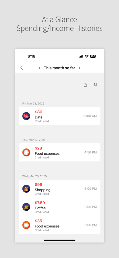 Daily Pocket app screen displaying a chronological list of spending and income transactions with icons and dates