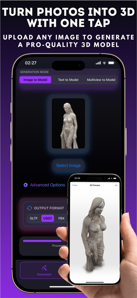 3D Maker Studio - Interfaz de la aplicación 3D Maker Studio que muestra cómo convertir una foto en un modelo 3D con un solo toque.