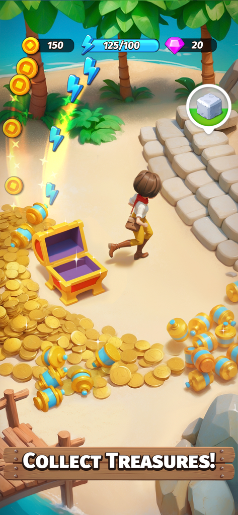 A character collecting gold coins and energy bolts from an open treasure chest on a tropical beach