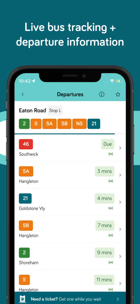 Brighton and Hove Buses app interface showing live bus departures and tracking information