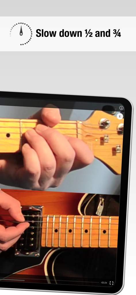 Guitar Masterclass - App Guitar Masterclass su iPad che mostra una lezione di chitarra in slow motion con primo piano sulle posizioni delle dita