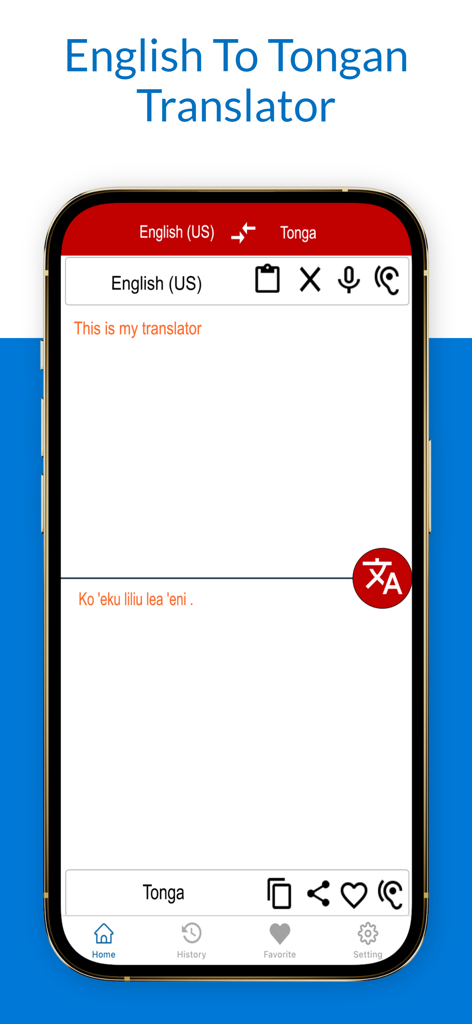 English To Tongan Translator - Interface of an English to Tongan translation app showing a translated sentence on a smartphone