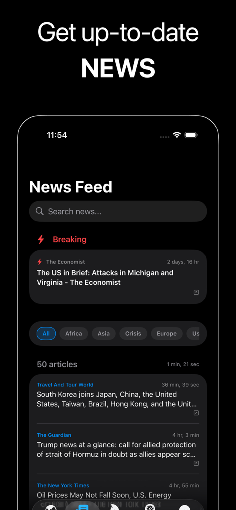World Monitor App - World Monitor App news feed screen showing breaking news and global articles