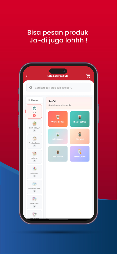 Midi Kriing app interface showing beverage categories including coffee and fresh juice