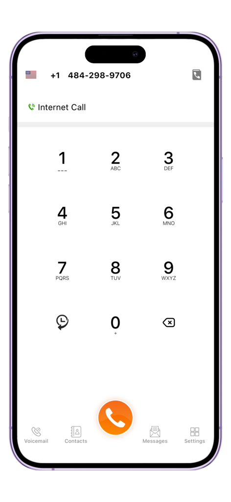 iPhone screen displaying the dialer interface of the WiFi Calling app with a numeric keypad and orange call button