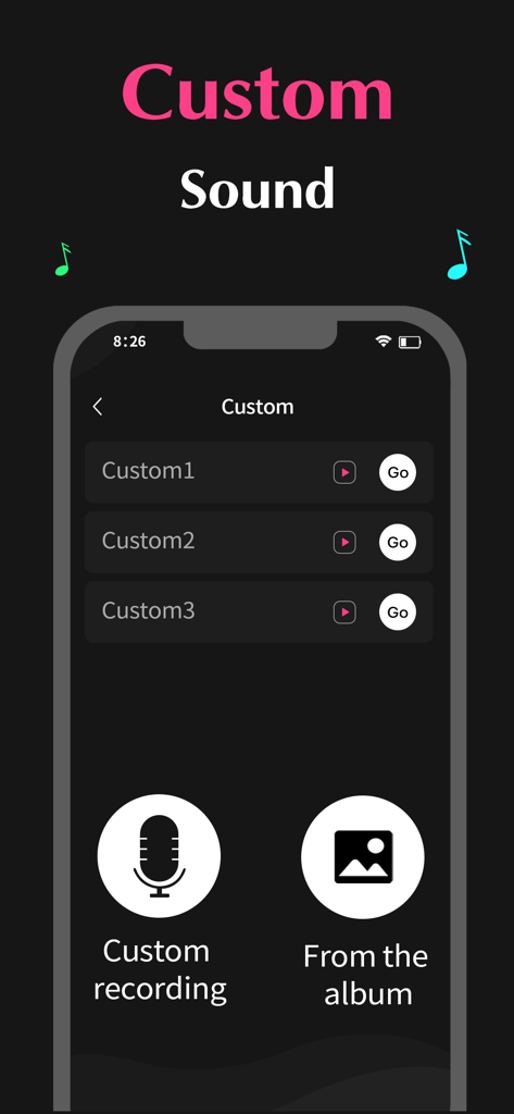 Interface of the Charging Sound app showing options to record a custom sound or upload one from the photo album.