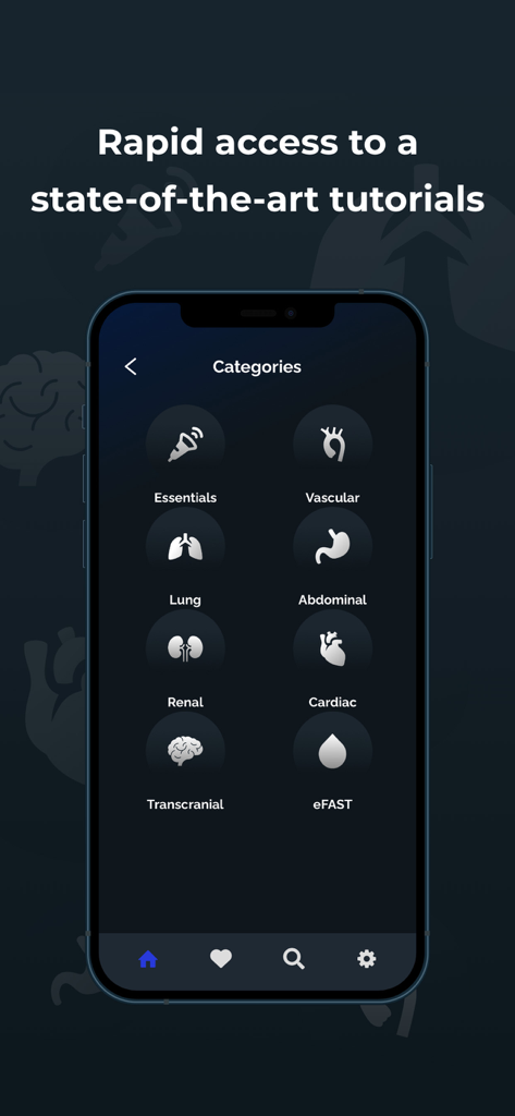 Point of Care Ultrasound - Tela do iPhone mostrando categorias de tutoriais de ultrassom point of care no aplicativo NYSORA POCUS.