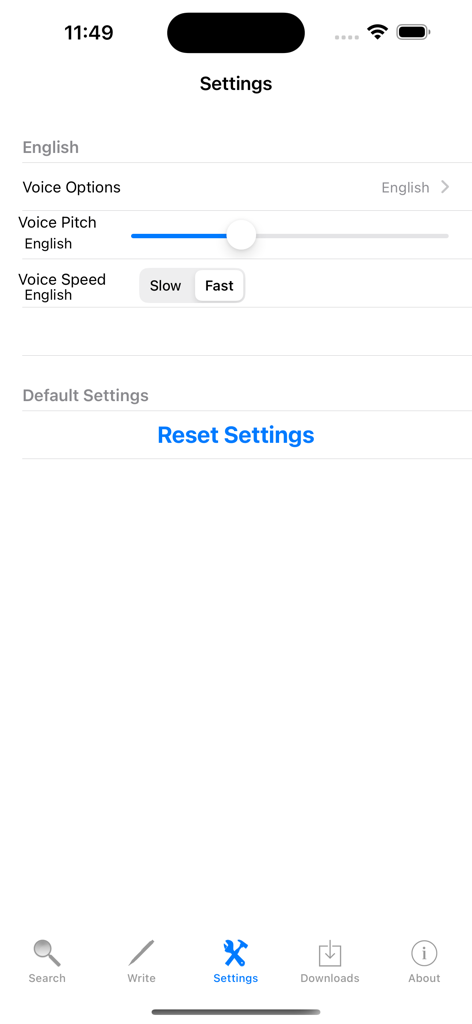 Computer Dictionary English - Settings screen of the Computer Dictionary English app showing voice pitch and speed customization options
