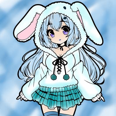 pretty anime girl wearing a fluffy hoodie with bunny ears on the hood and a skirt