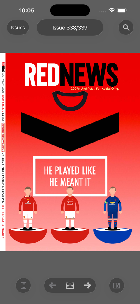 Red News Fanzine - Couverture du magazine numérique du fanzine non officiel de Manchester United Red News avec des illustrations stylisées de joueurs de football dans des maillots d'équipe historiques.