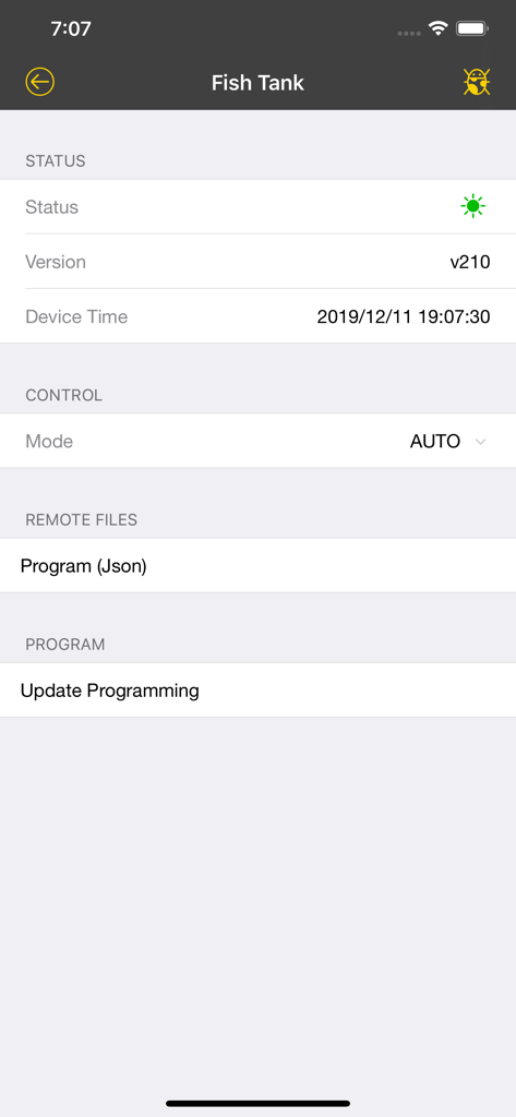 ESP Home - Mobile interface of ESP Home app displaying fish tank IoT device status and control settings