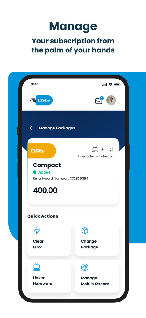 MyDStv mobile app interface for managing subscription packages and clearing decoder errors