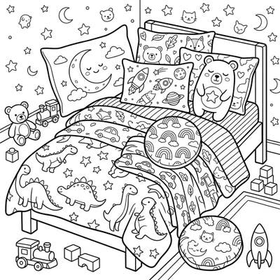 Dive into a world of comfort and creativity with this delightful kids' bedding coloring page. It's packed with whimsical designs like dinosaurs, rockets, and cute animal pillows, ready for your artistic touch.