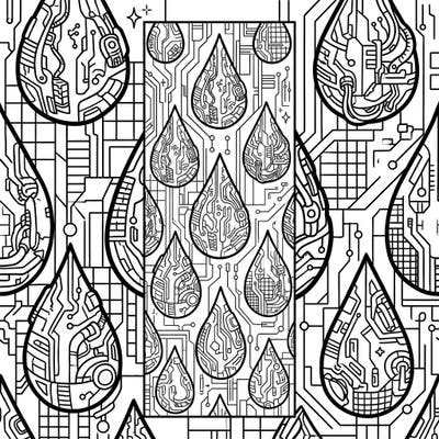 Immerse yourself in a dystopian downpour with this unique Cyberpunk Raindrop bookmark coloring page. Each intricately designed droplet is filled with futuristic circuits and robotic elements, offering a captivating coloring challenge.