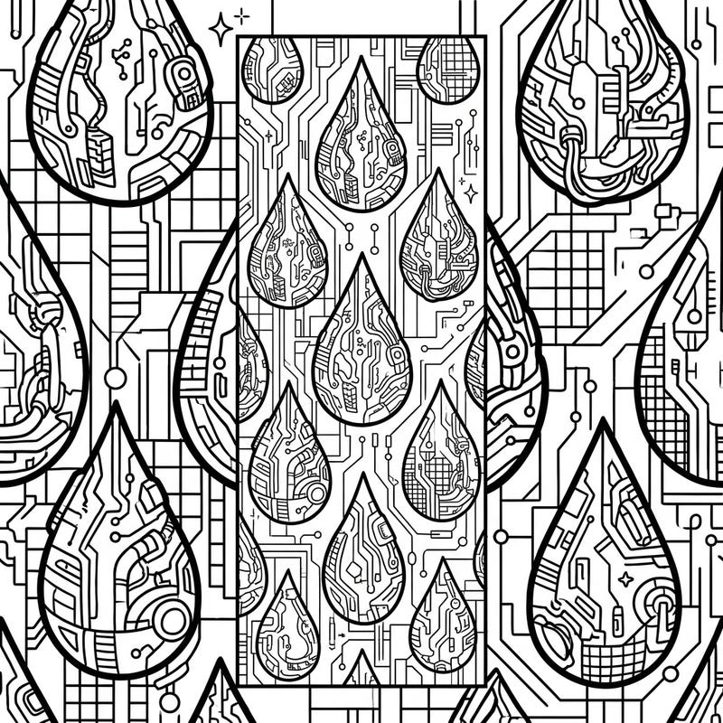 Immerse yourself in a dystopian downpour with this unique Cyberpunk Raindrop bookmark coloring page. Each intricately designed droplet is filled with futuristic circuits and robotic elements, offering a captivating coloring challenge.