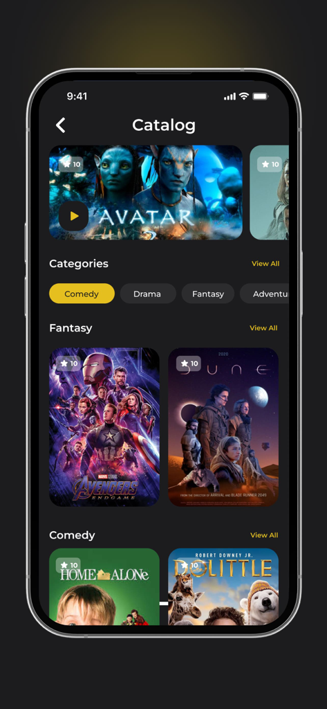 Flickory - A movie catalog screen within the Flickory app displaying categories like Fantasy and Comedy with collectible posters for films like Avengers and Dune.