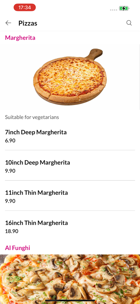 Pizza Roma. - Pizza Roma 앱의 메뉴 화면에 마르게리따 피자 옵션과 가격이 표시되어 있습니다.
