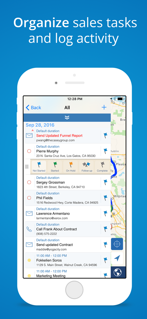 Screenshot der Mapview App, der eine Liste von Vertriebsaufgaben und ein Aktivitätsprotokoll über einer Karte anzeigt.