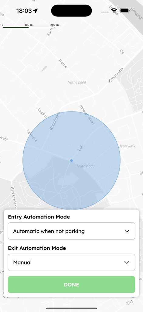 Automatic Gate Opener - Geofencing map and automation mode settings in the Automatic Gate Opener app