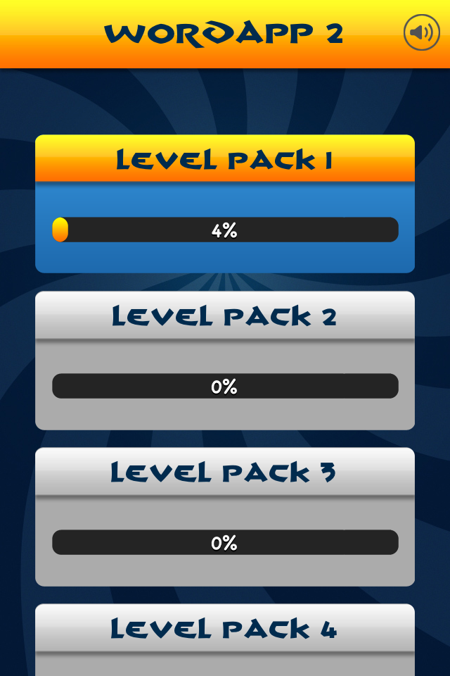 WordApp2 - 4 Pics, 1 Word, What's that word? second edition - WordApp 2 level selection screen showing progress for four puzzle level packs