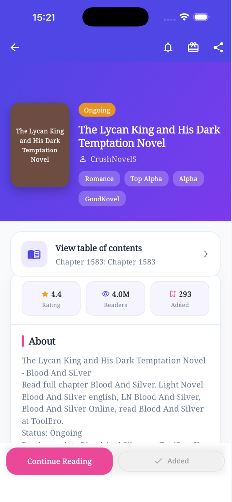 CrushNovels - CrushNovels app book details page for a romance novel