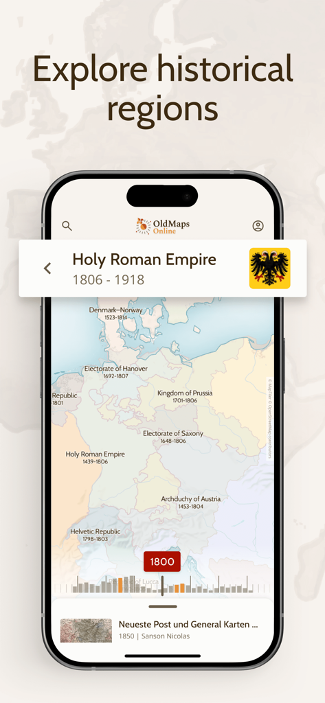 OldMapsOnline - History & Maps - OldMapsOnline app displaying a historical map of Europe and the Holy Roman Empire in the year 1800.