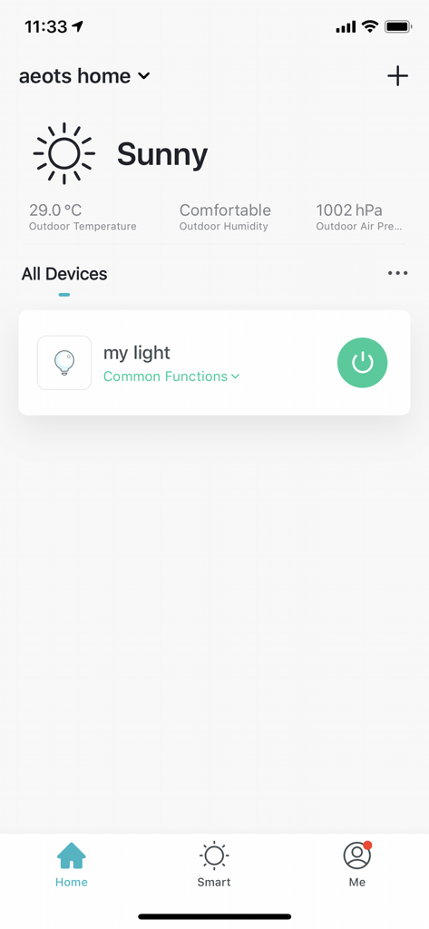 Atlantic Energy Connect - Atlantic Energy Connect app home screen displaying local weather and a smart light control button.