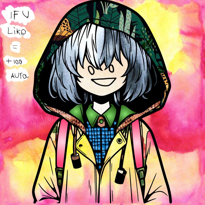 little anime girl in a raincoat her hair is covering her eyes she has a lighter