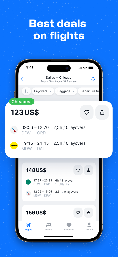 Aviasales — Book cheap flights - Aviasales 앱 인터페이스, 가격 비교를 통한 저렴한 티켓 항공권 검색 결과 표시