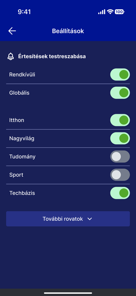 Az Origo hírek alkalmazás értesítési beállítások képernyője, amely testreszabható kategóriákat mutat kapcsolókkal.