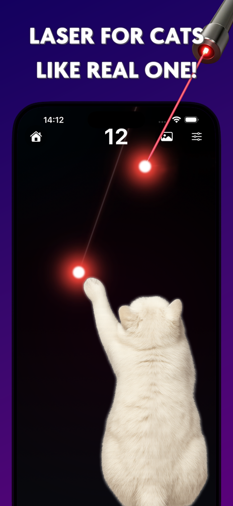 Red laser pointer for cats - A white cat pawing at a red laser dot on a smartphone screen in the Red laser pointer for cats app