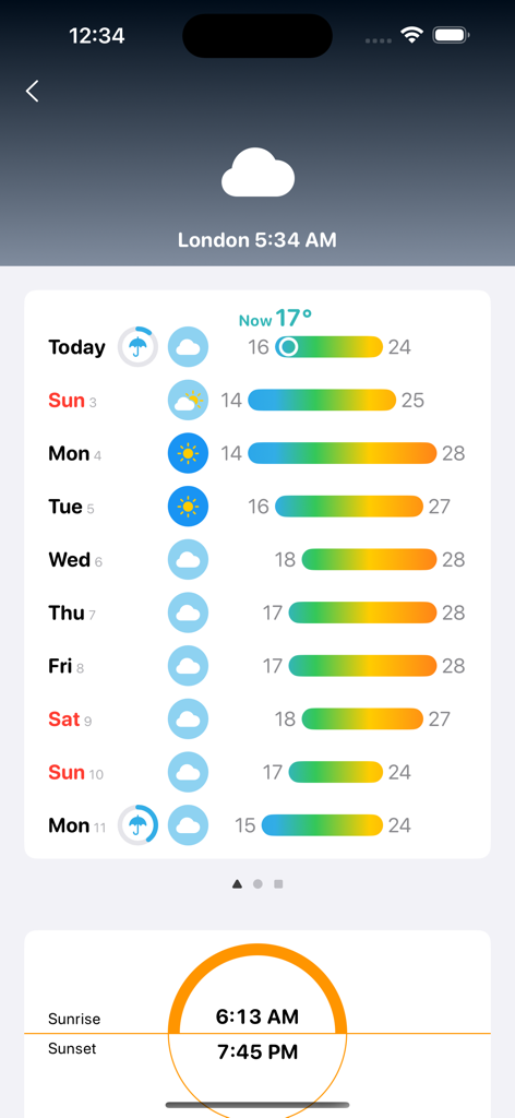 Four Seasons: Weather Forecast - Aplicación de pronóstico meteorológico minimalista que muestra tendencias semanales con barras de temperatura arcoíris y horas de puesta del sol.