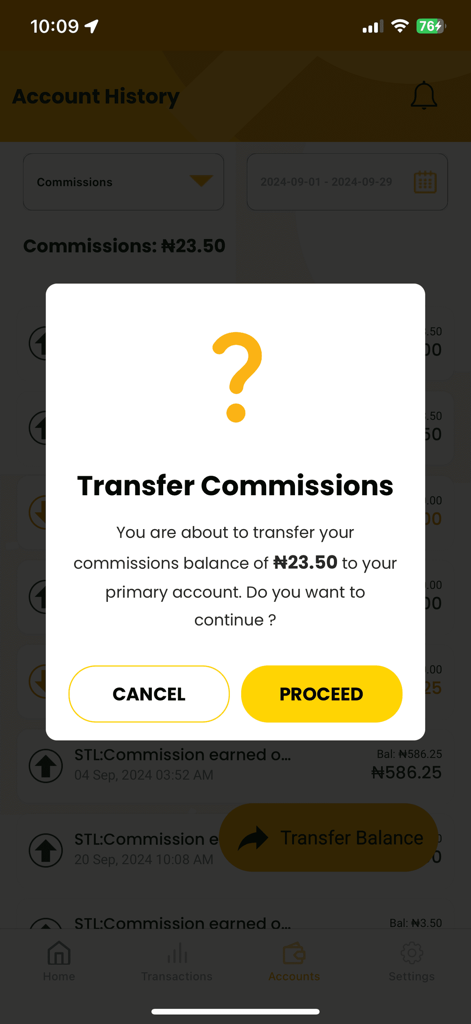 Baxi Mobile - Baxi Mobile app screen showing a commission transfer confirmation message