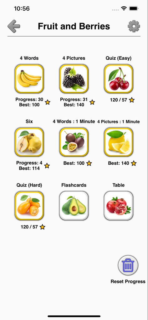 Fruit and Vegetables - Quiz - Menu of game modes for the Fruit and Berries category in an educational quiz app